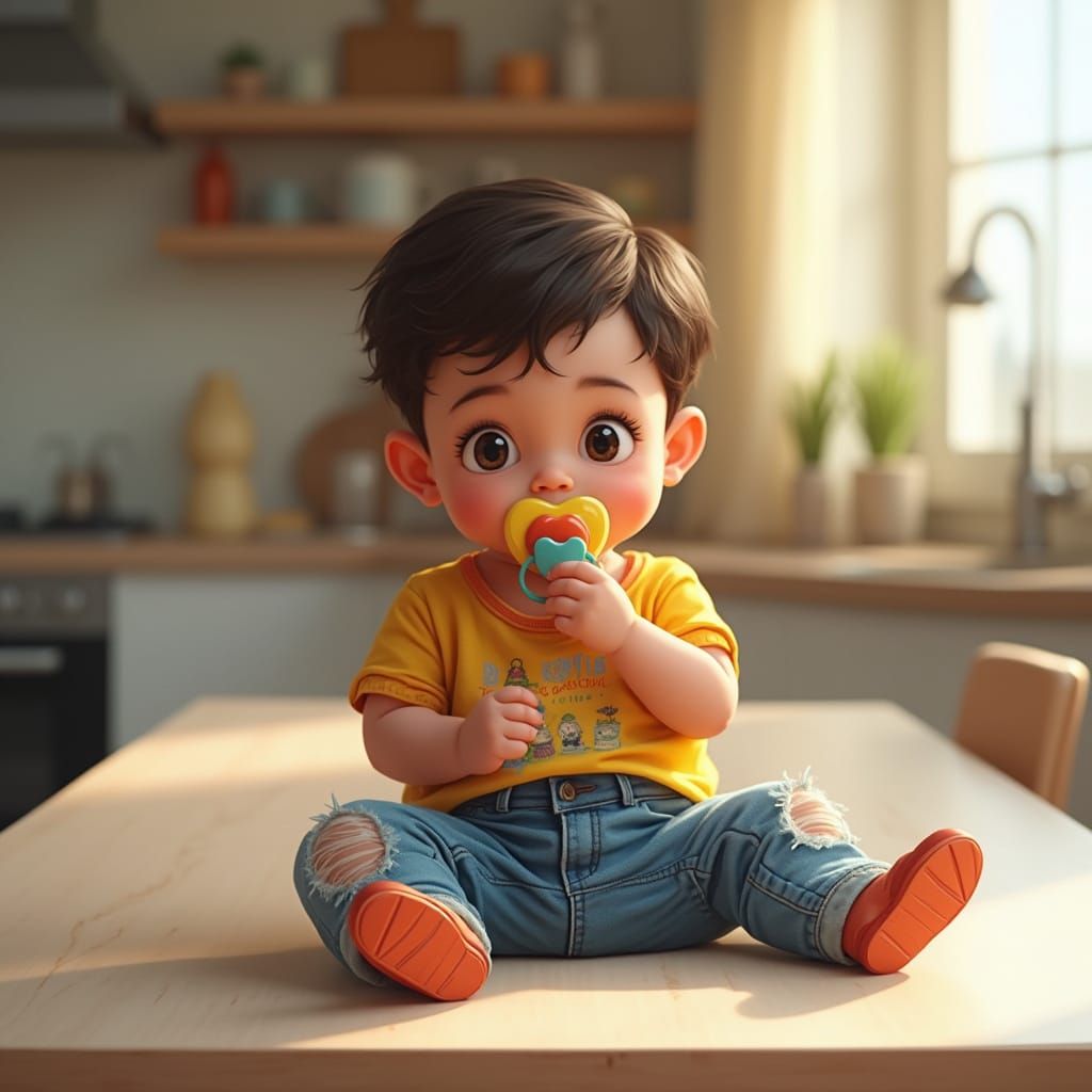 Adorable Arab Baby Boy Plays on Kitchen Table in Vibrant Col...