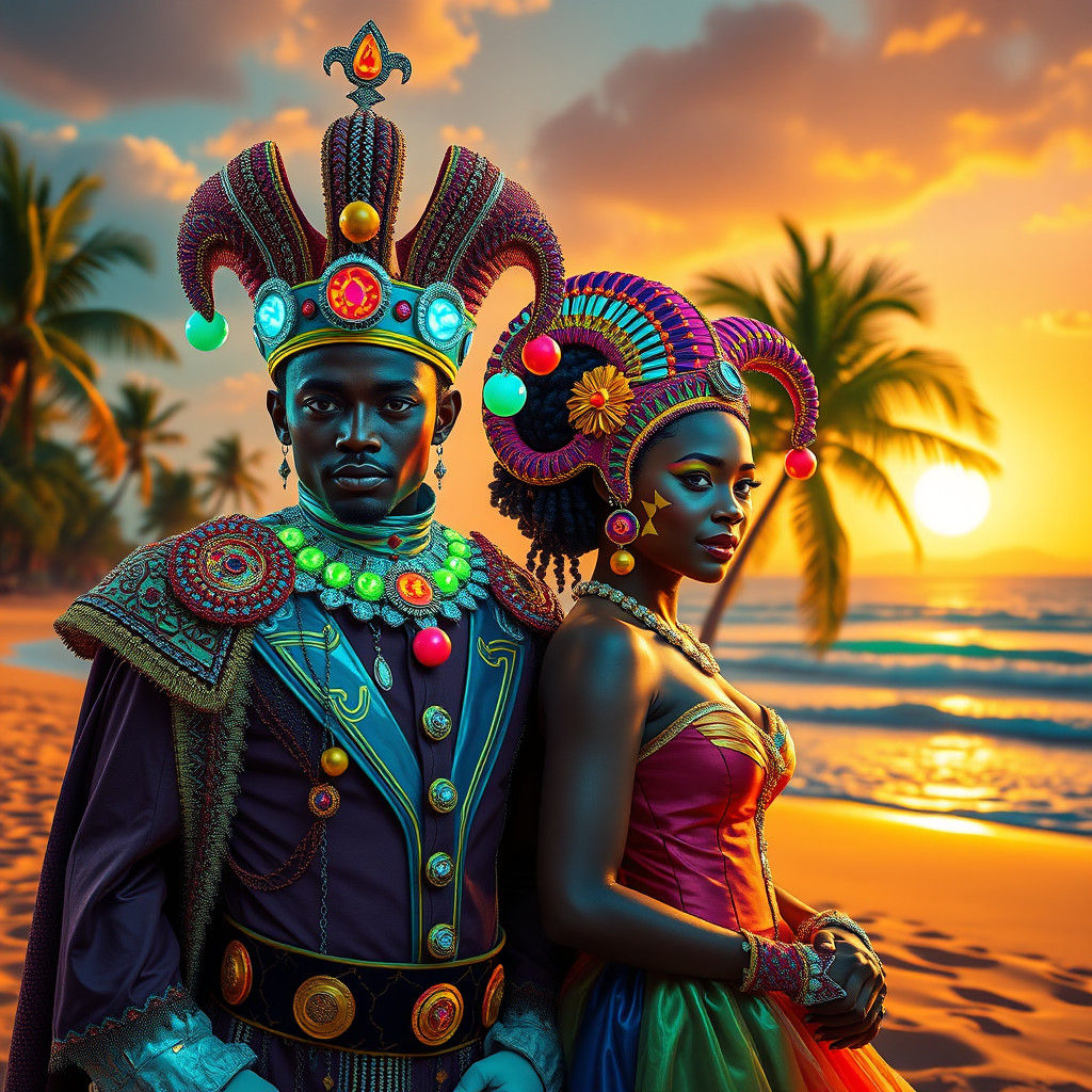 Futuristic African Royalty on Beach at Sunset