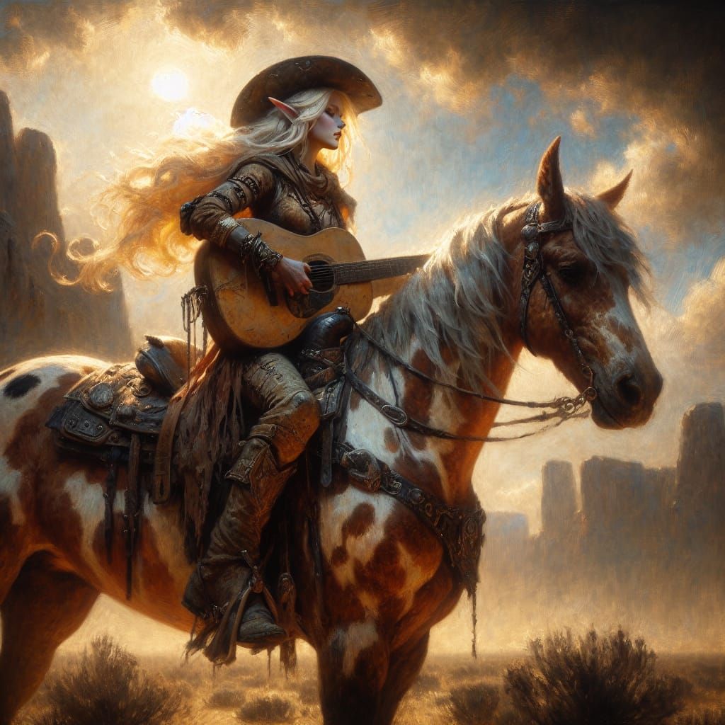 Surreal Desert Cowgirl Rides Guitar in Sunset