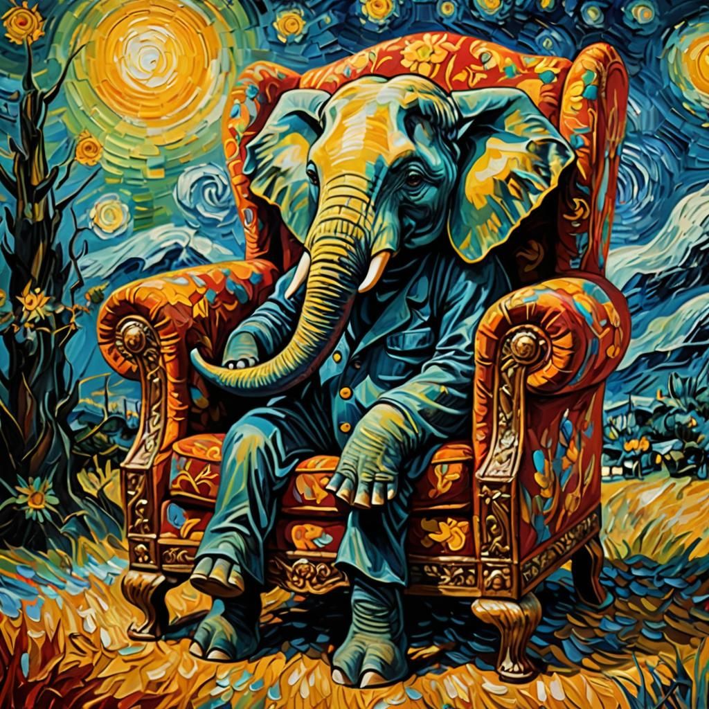 Humorous Elephant in Armchair: Van Gogh Style Impasto