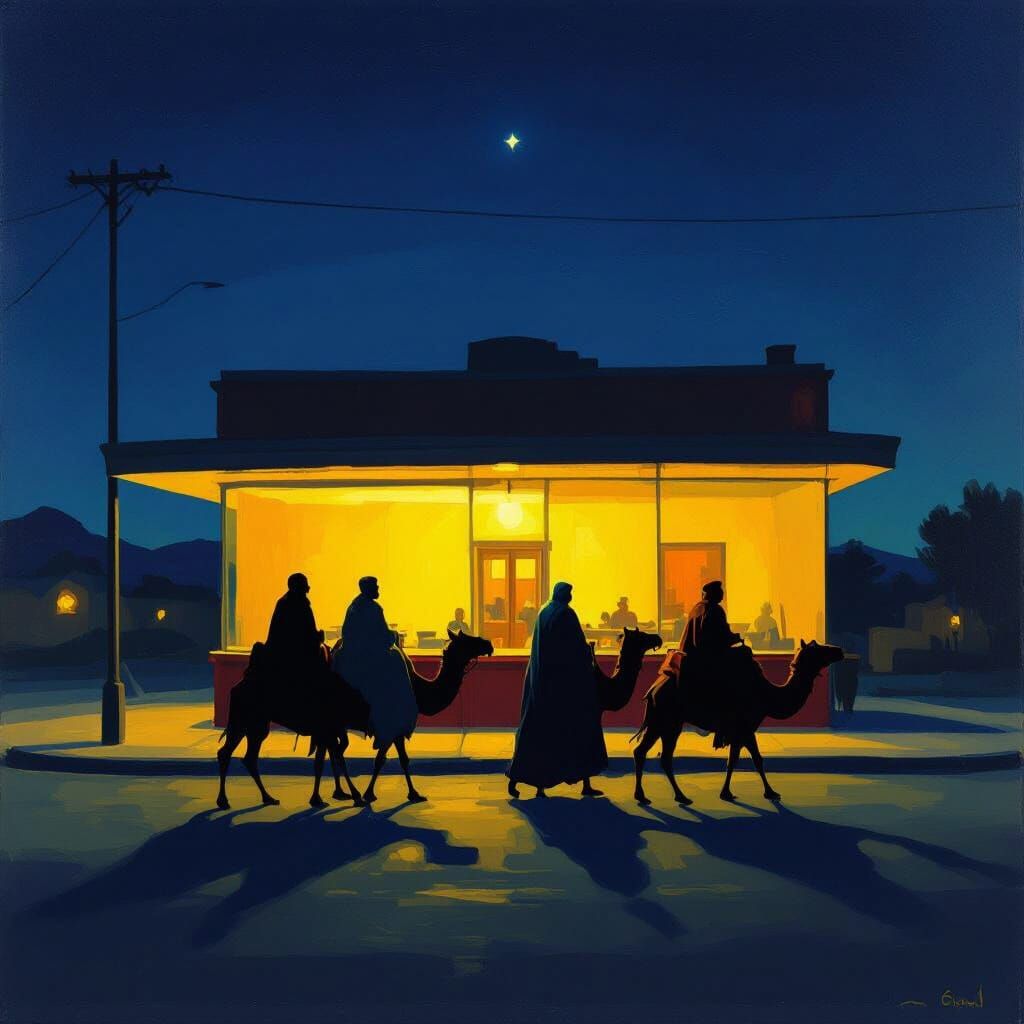 Wise Men Pass Hopper-Inspired Diner at Night