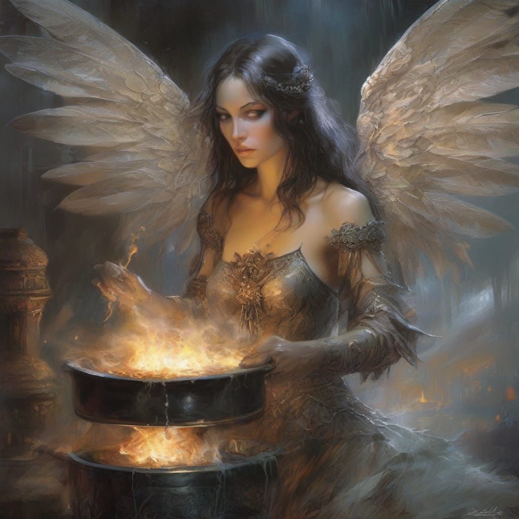 Fairy Cooking Porridge in Firelight, Airbrush Art