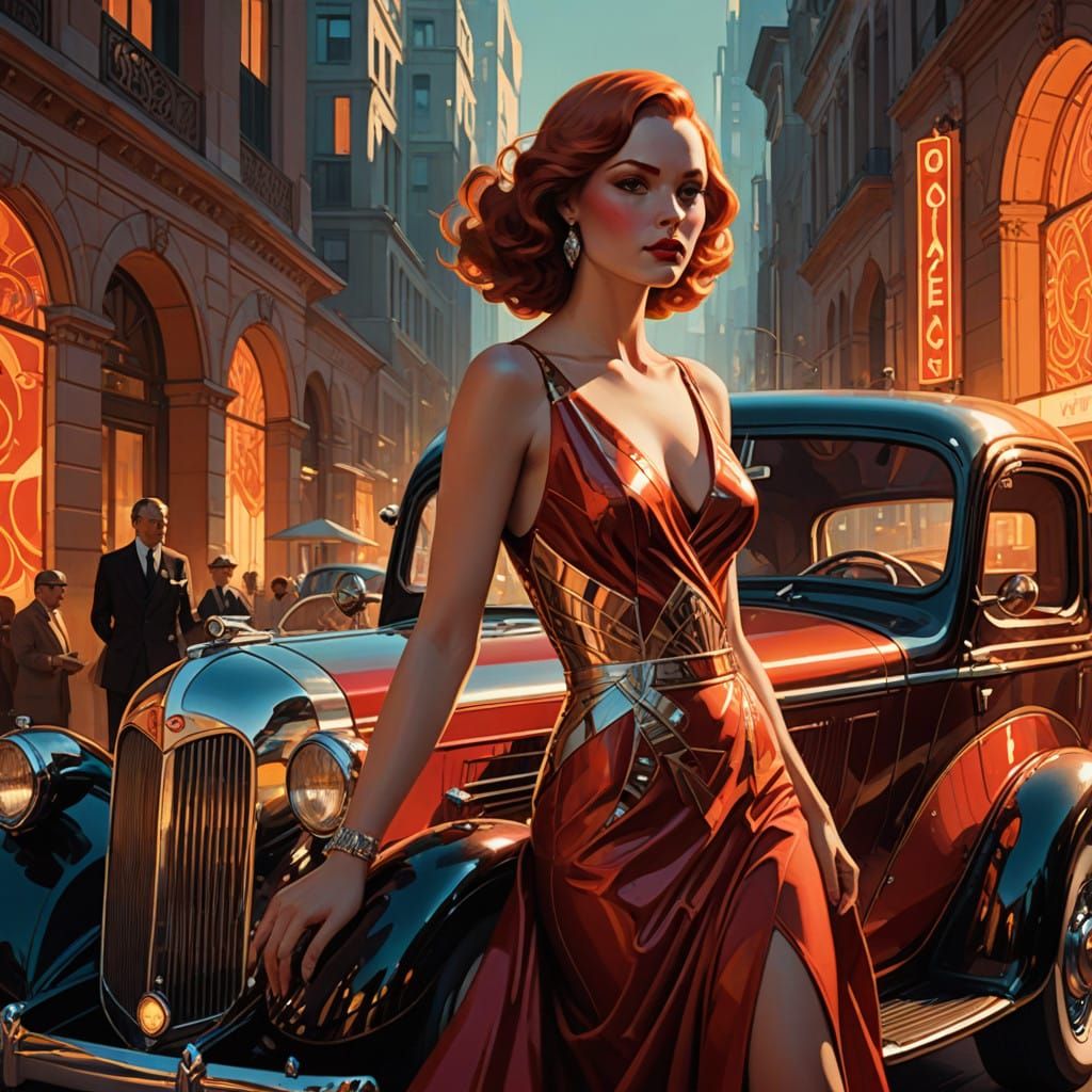 Glamorous Redhead Poses with Vintage Diesel Truck in Art Dec...