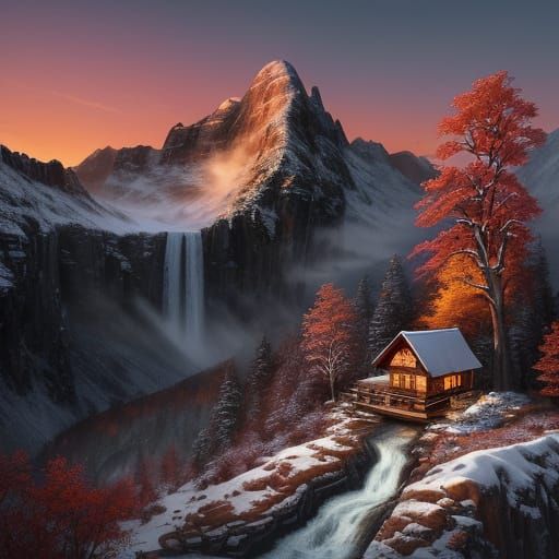 Majestic Mountain Landscape with Waterfall and Cabin