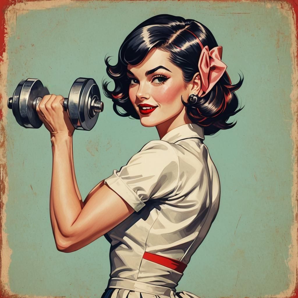 Brunette Lifting Dumbbell, Gil Elvgren Style Painting