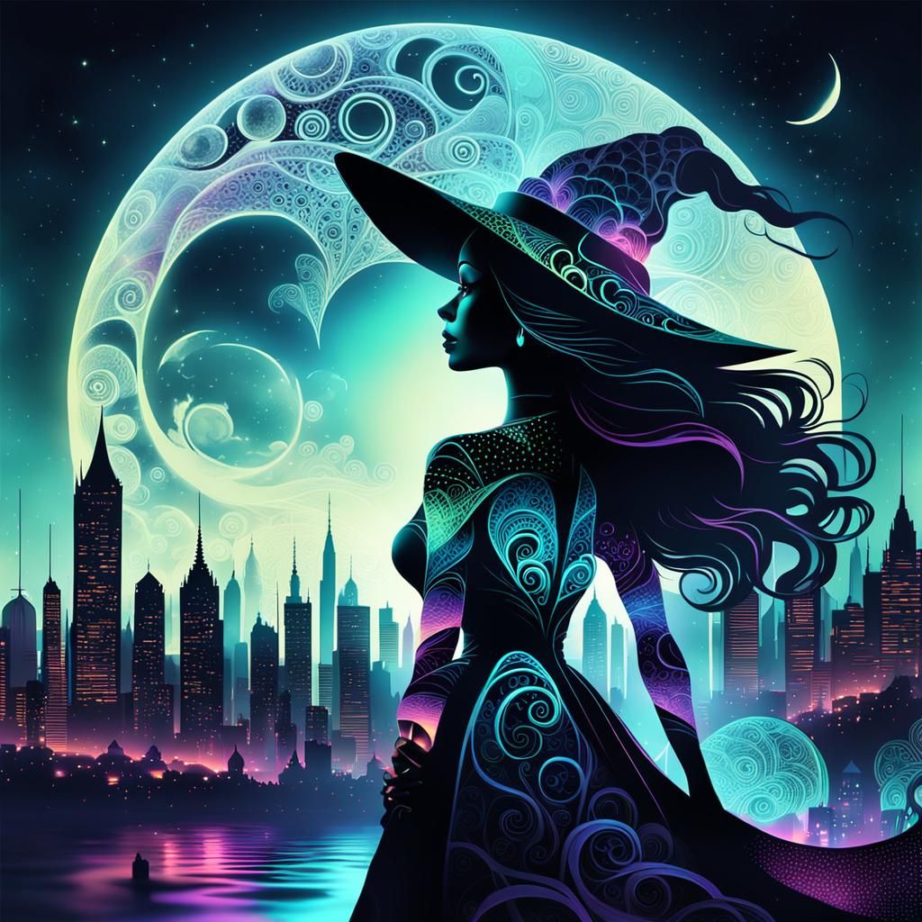 Witch Silhouette Over Neon City in Surreal Double Exposure