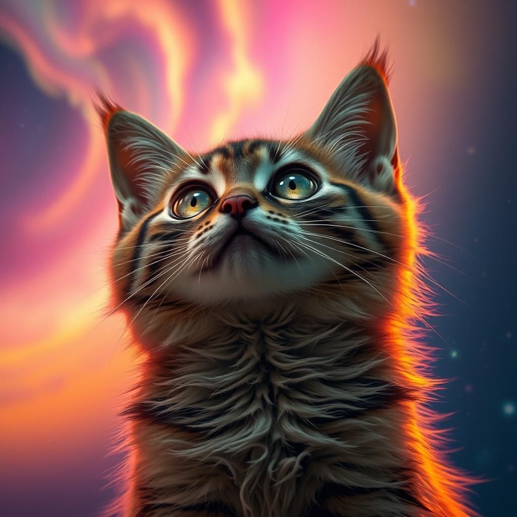 Cat Gazing at Aurora Sky in Digital Art