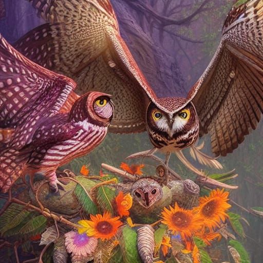 Colorful Hyperrealistic Owls in Fantasycore Style