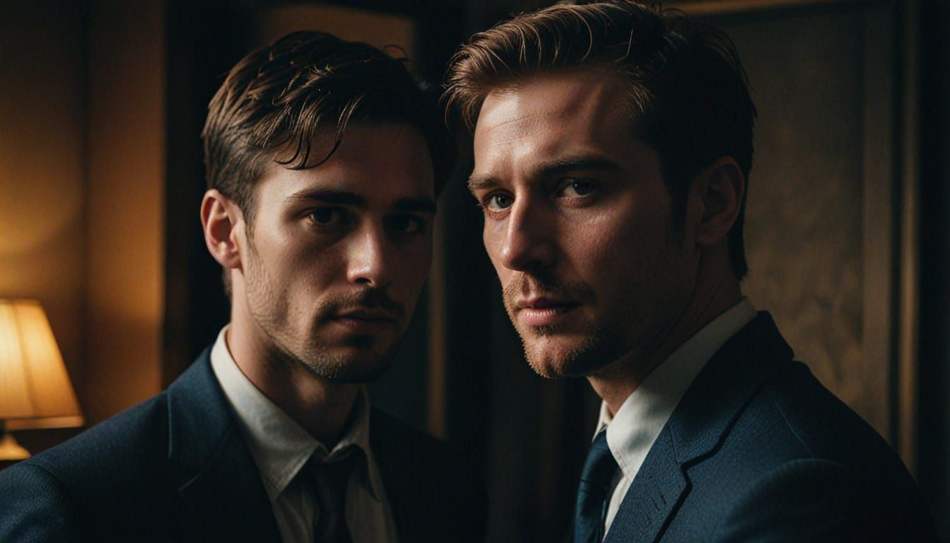 Men Embracing in a Dramatic, Dimly Lit Room