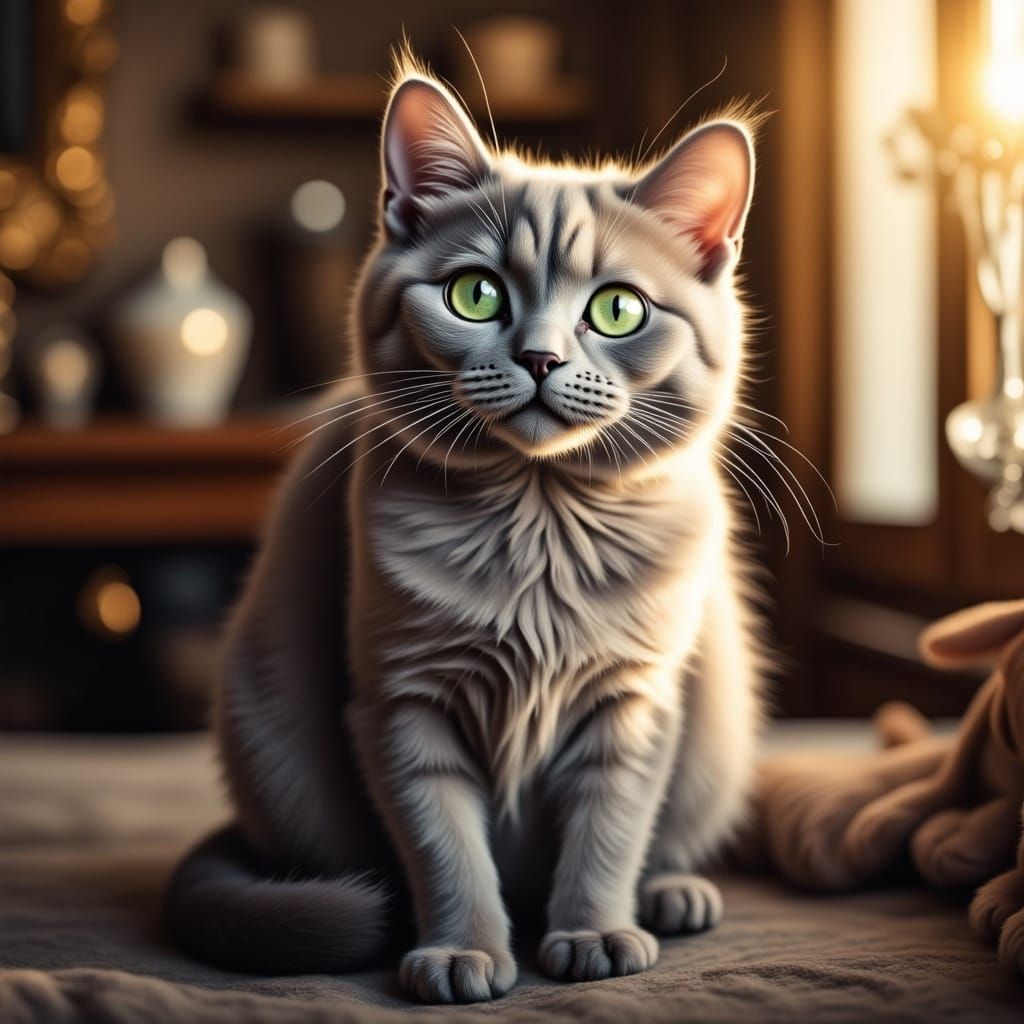 Shimmering Russian Blue Cat in Golden Light