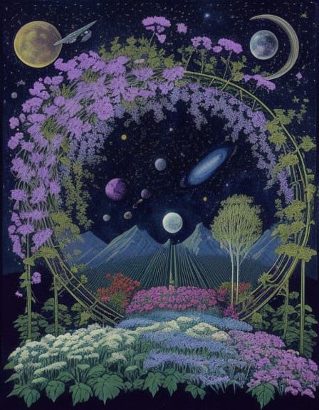 Surreal Cosmic Garden Blooms Amidst Vibrant Starlight and Ce...