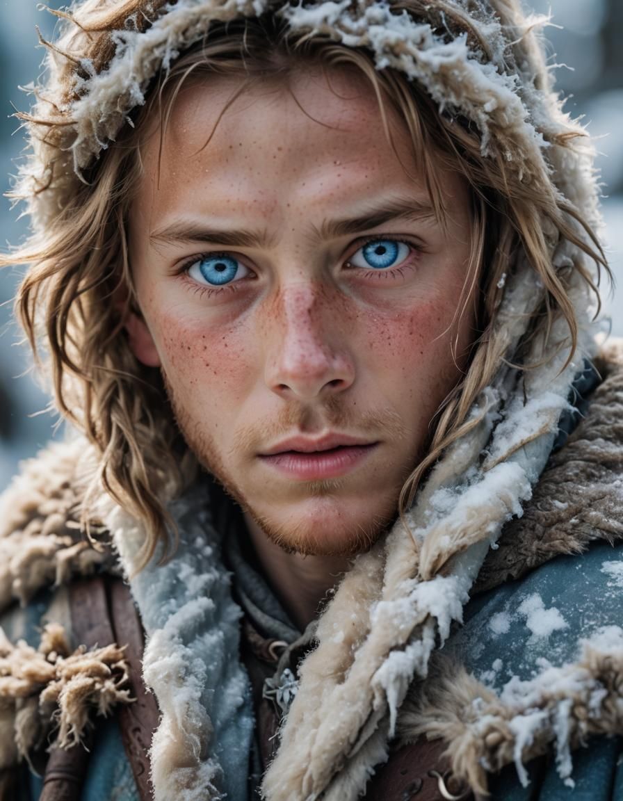 Medieval Shepherd Boy Portrait with Ice-Blue Eyes