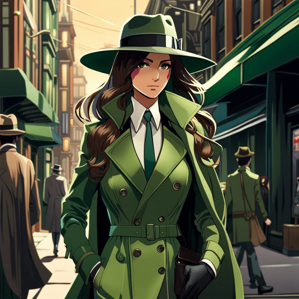 Anime Woman in Green Suit Walking Street