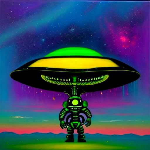 Psychedelic Sci-Fi Oil Painting of Cosmic UFOs
