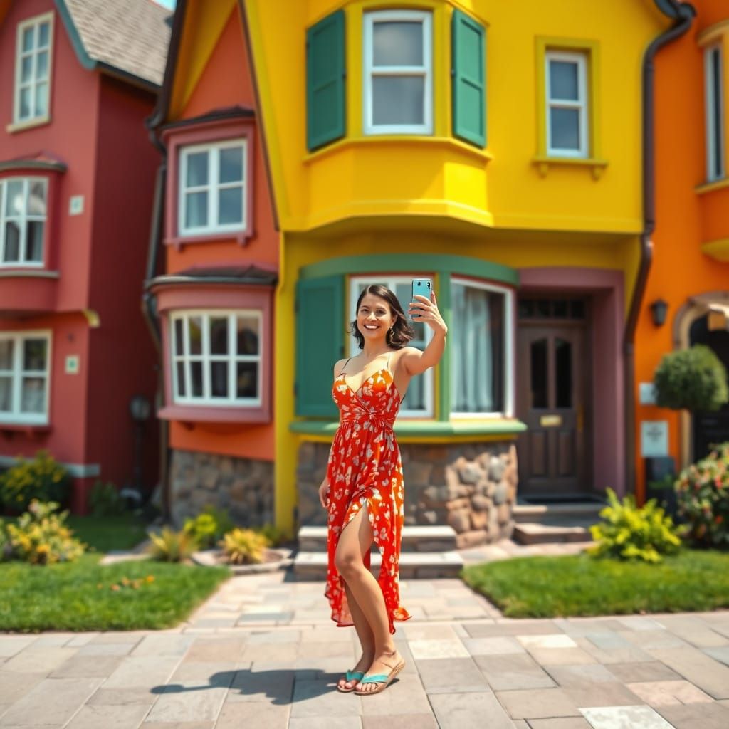Vibrant Woman Takes Selfie in Front of Crooked House in Sopo...