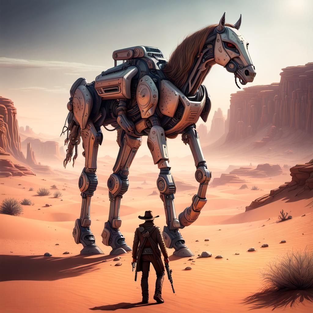 Cowboy bounty hunter stands in front of his robotic horse