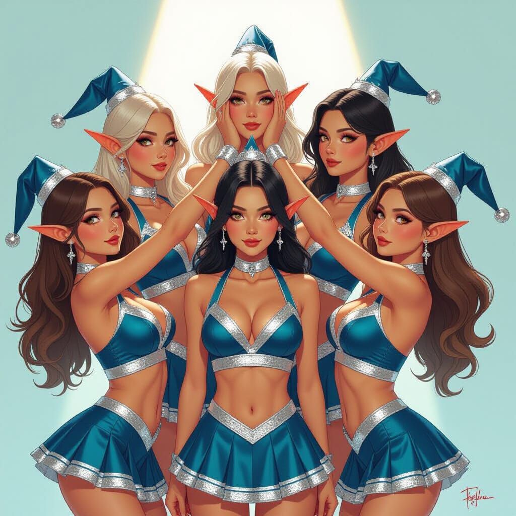 Elf Cheerleader Pyramid in Digital Art Style