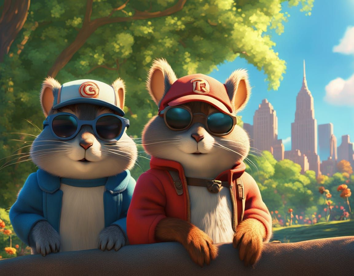 Cartoon Illustration portrait of a trio, anthropomorphic squirrels in sunglasses with baseball caps, Central Park