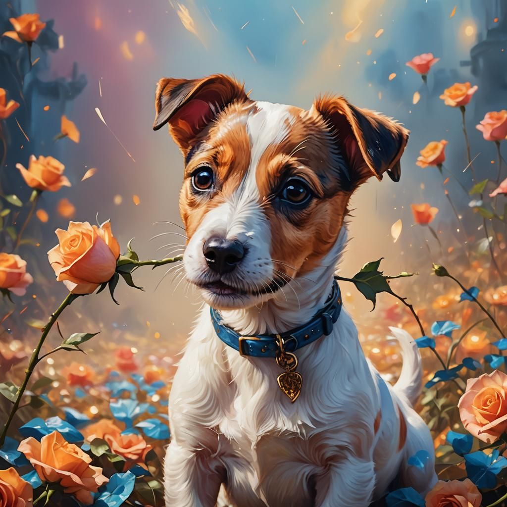 Jack Russell Puppy with Rose, Digital Fantasy Art