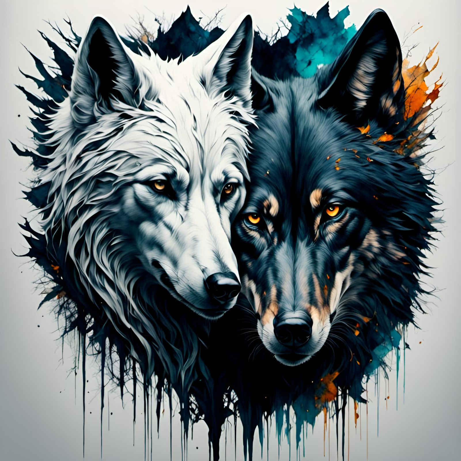 Wolves Face to Face in Ink and Pencil Style