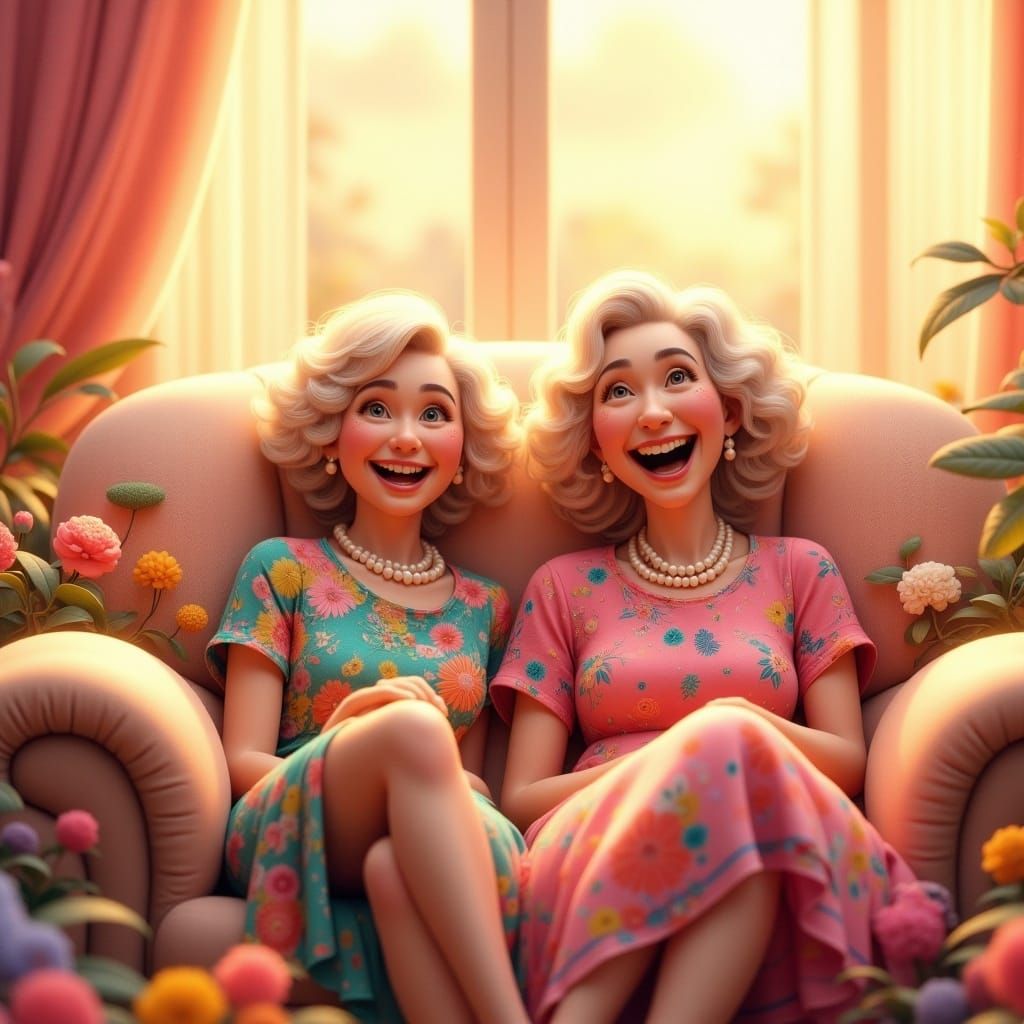 Two Grandmothers Laughing in a Pixar Animated Style