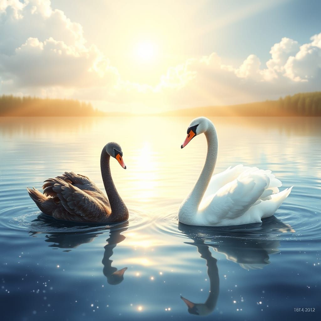 Ethereal Swans in Sparkling Lake with Soft Focus