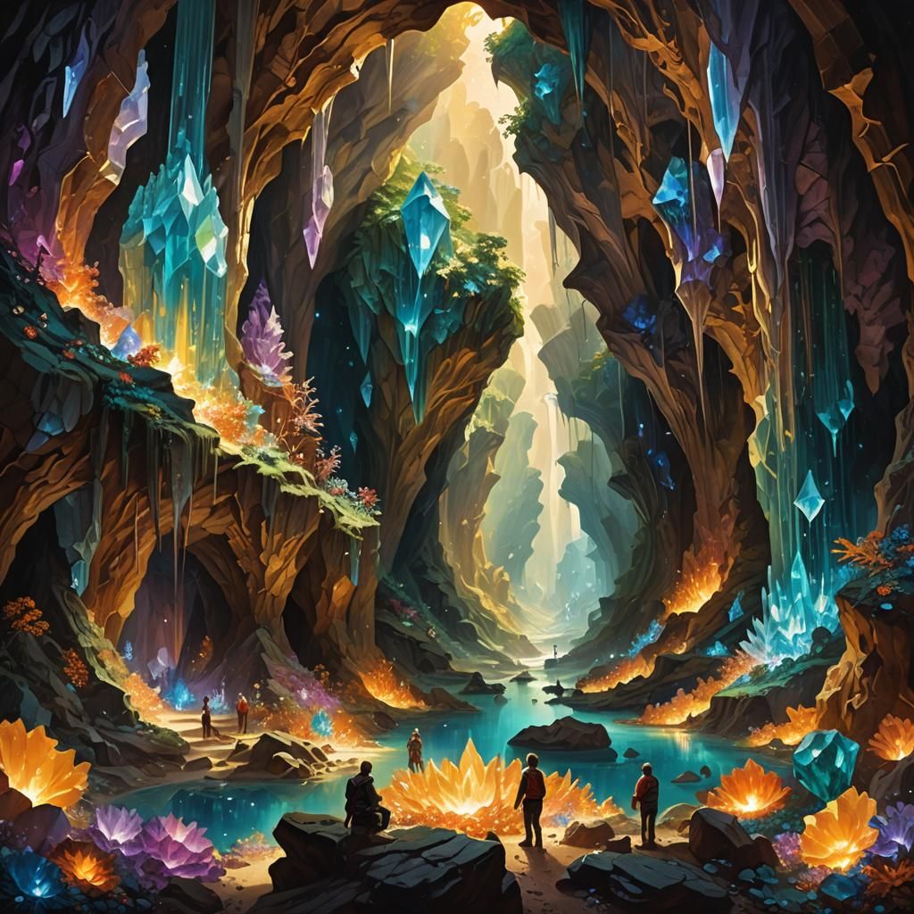 Inner Earth Paradise: Divine Crystals in Lush Caverns