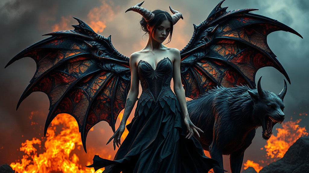 Demonic Woman with Dragon Wings in Gothic Biomech Style