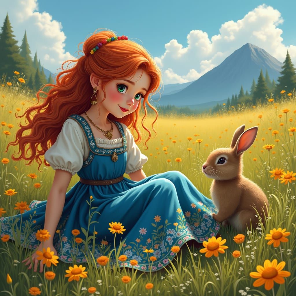 Red-Haired Girl with Rabbit in Floral Field