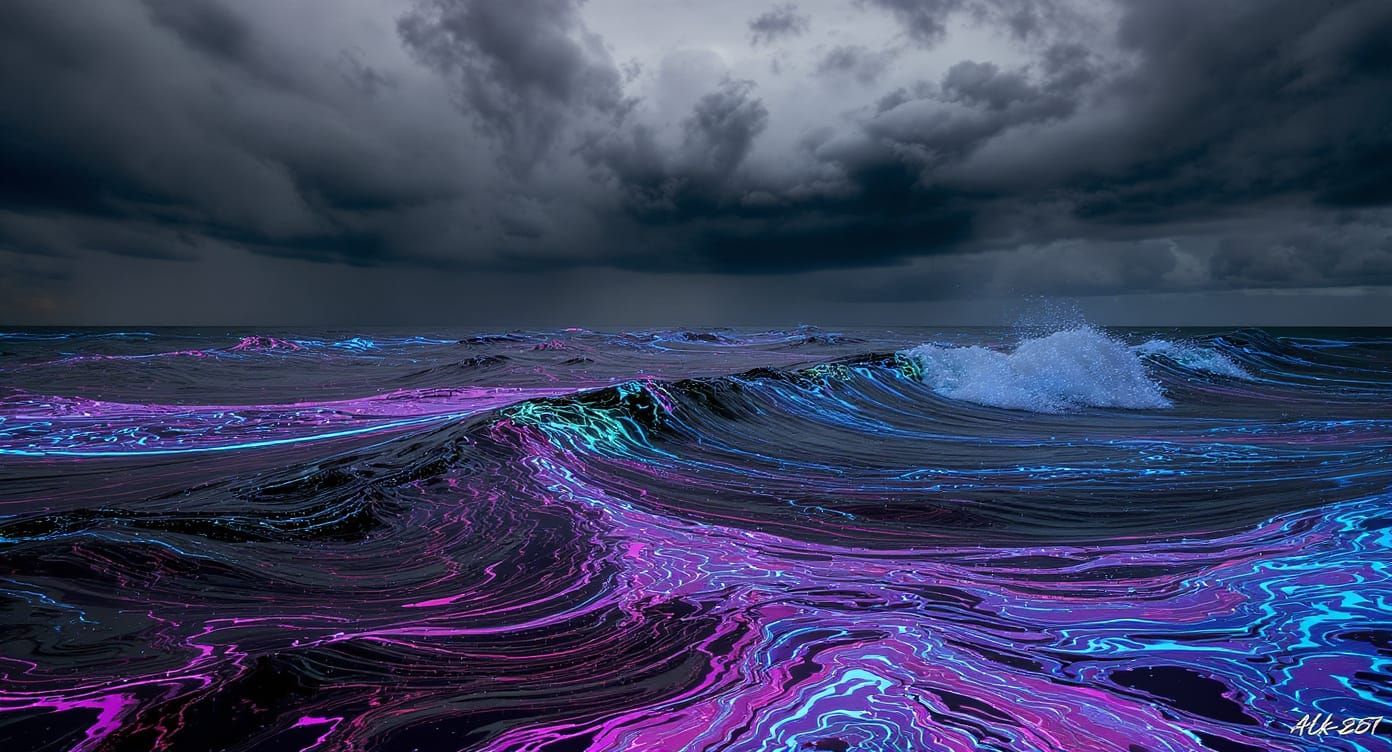 Surreal Sea of Oil With Neon Colors Under Stormy Sky