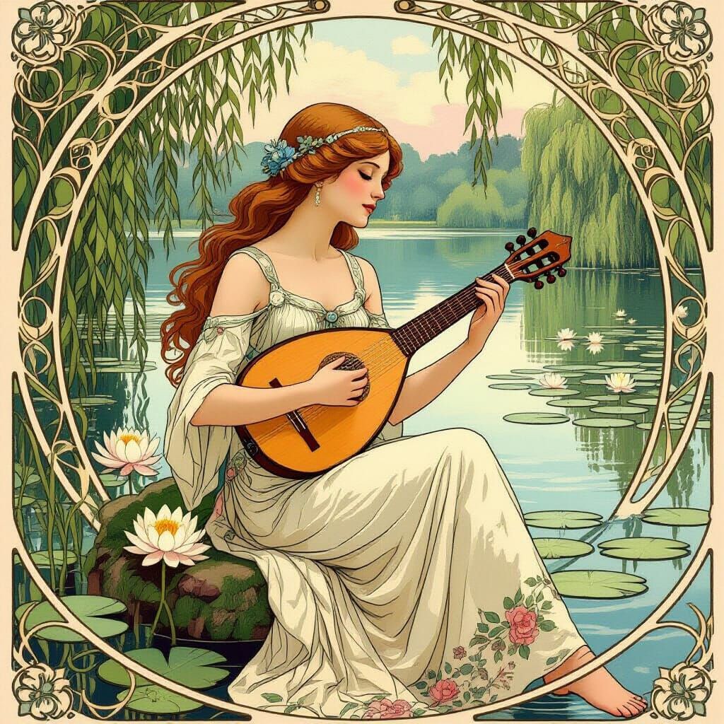 Art Nouveau Woman with Lute by Tranquil Lake