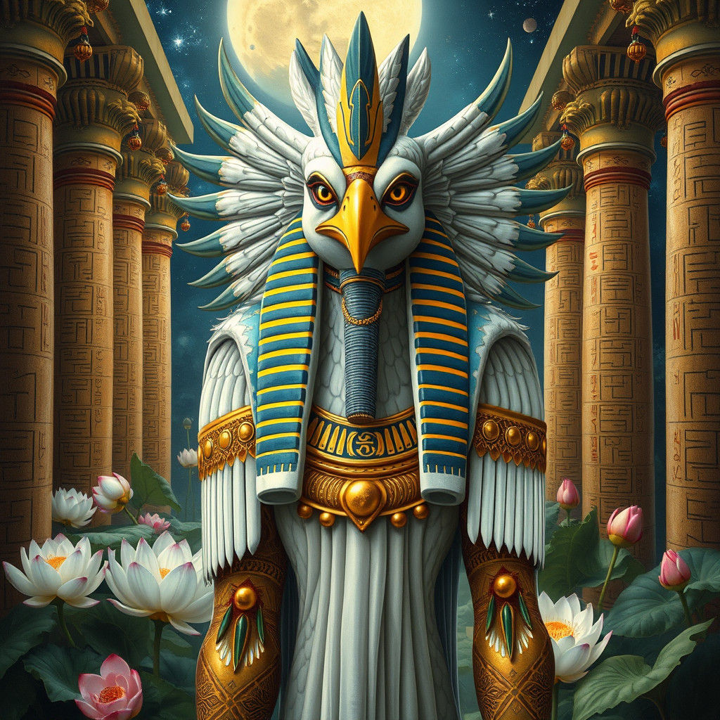 Horus, Falcon-Headed God in Mystical Egyptian Temple