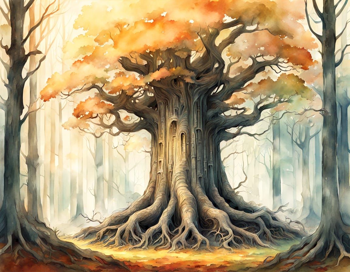 Colossal Pencil Tree in Whimsical Watercolor Forest