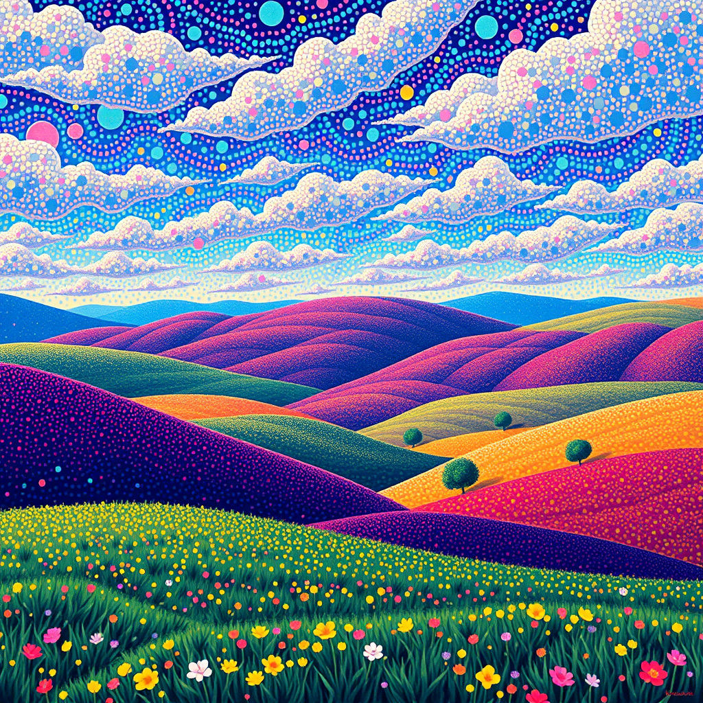 Psychedelic Prismatic Landscape in Pointillist Style