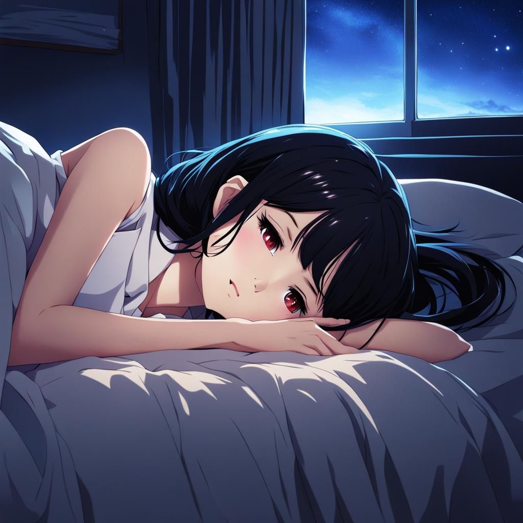 Sad Black-Haired Girl in Bed, Anime Style