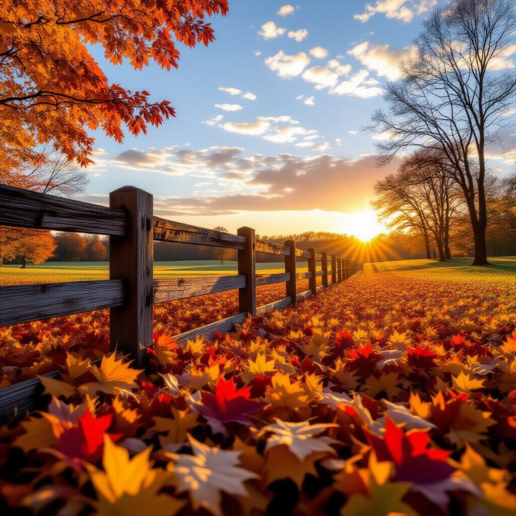 Golden Hour Sunset Over Autumn Leaves and Wooden Fence