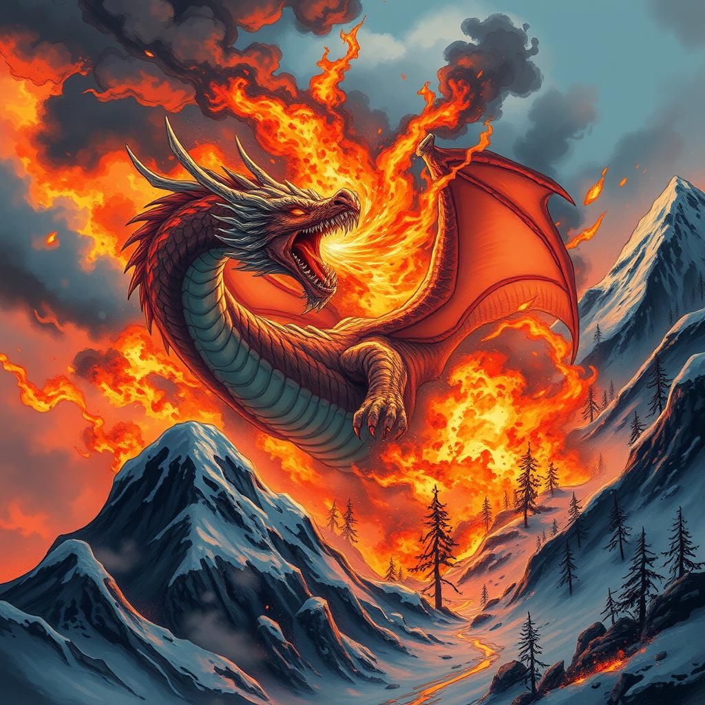 Dragon's Fiery Roar Engulfs Mountain in Anime Style
