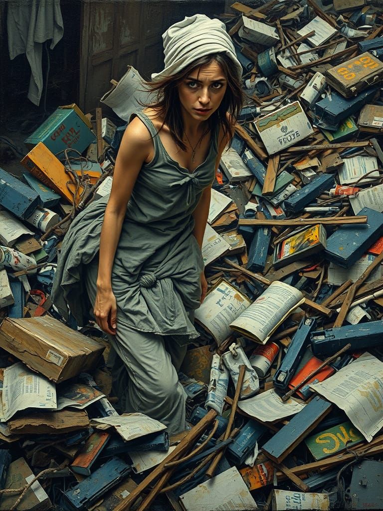 Woman Scavenging in Garbage Heap, Van Gogh & Picasso Style