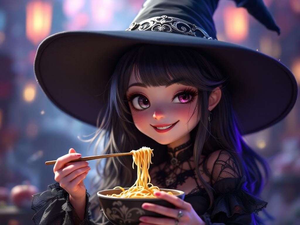 Cute Gothic Witch Enjoys Ramen: 3D Anime Portrait