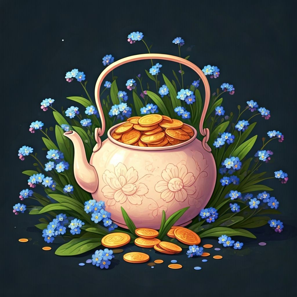 Kettle of Gold with Forget-Me-Nots