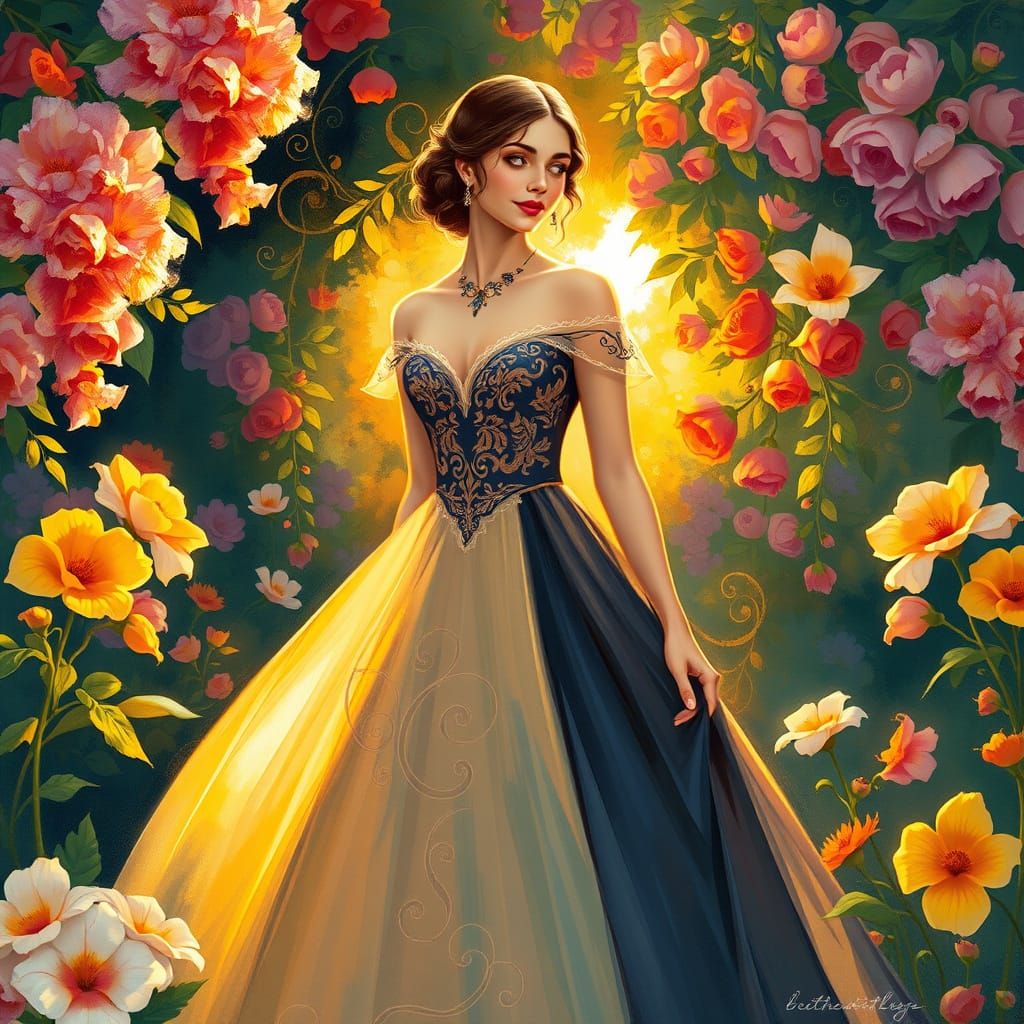 Elegant Woman in Garden, Art Nouveau Style