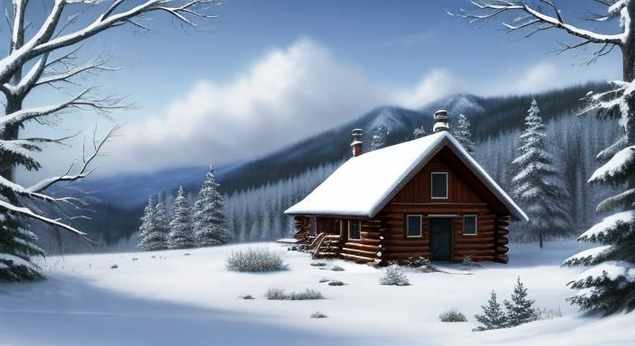 Winter Landscape with a Snowy Log Cabin