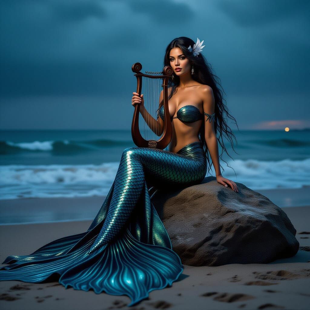 Hyperrealistic Siren with Lyre in Stormy Night