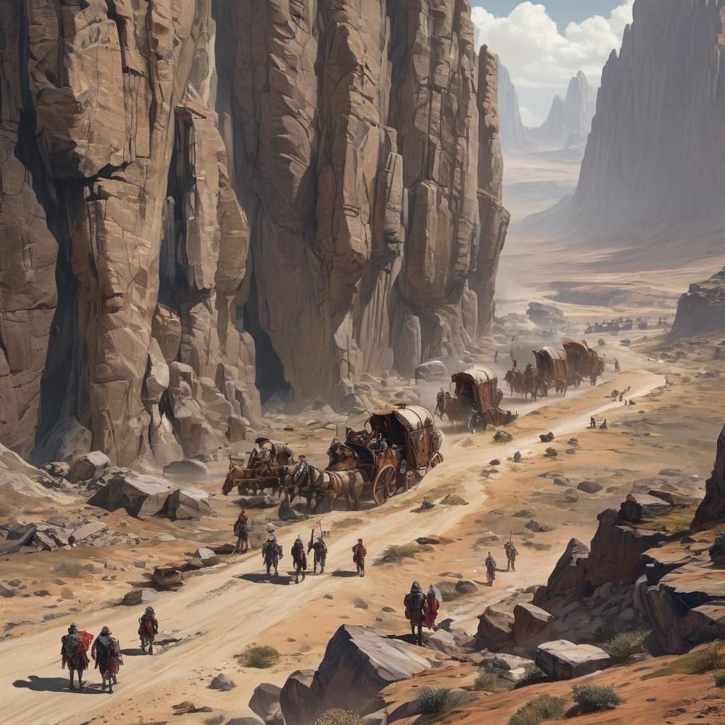 Fantasy Caravan Asks Directions in Rocky Highlands