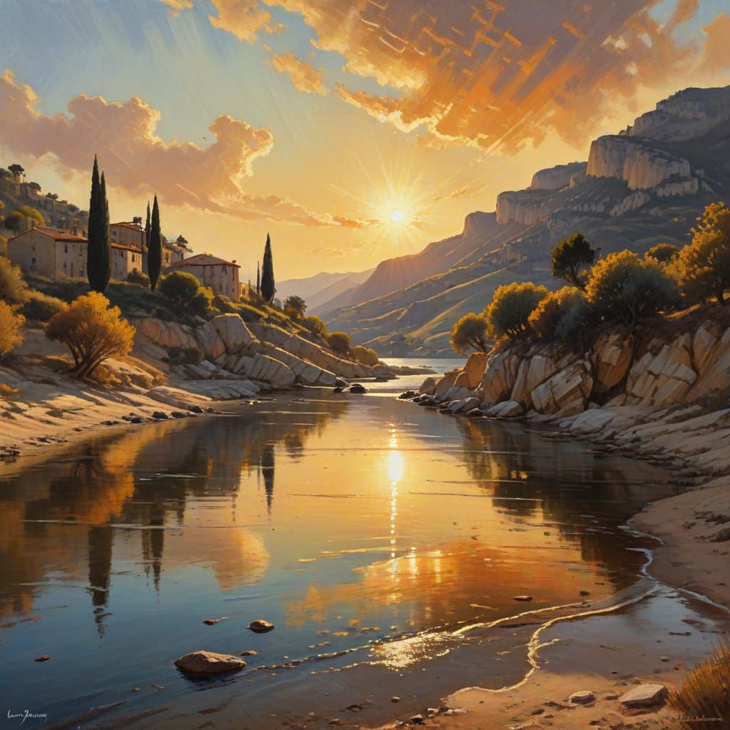 Golden Hour Oil Painting of Sopelana, Spain