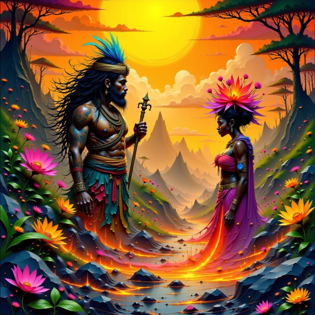 Maui and Pele in Volcanic Landscape as Digital Art