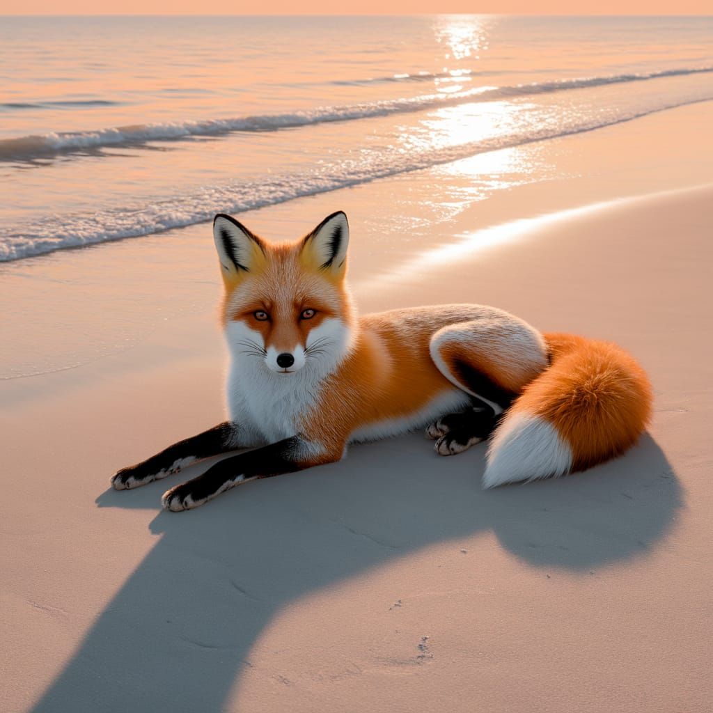 Golden Fox Lounging on a Sunset Beach