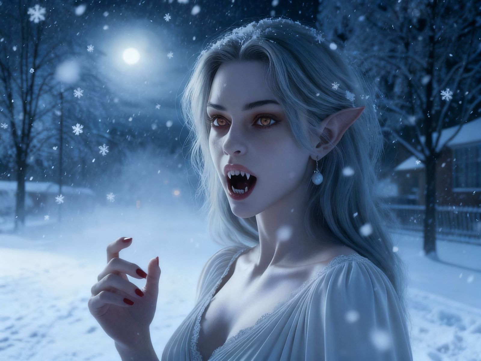 Hyper-Realistic Vampire Beauty in Moonlit Park