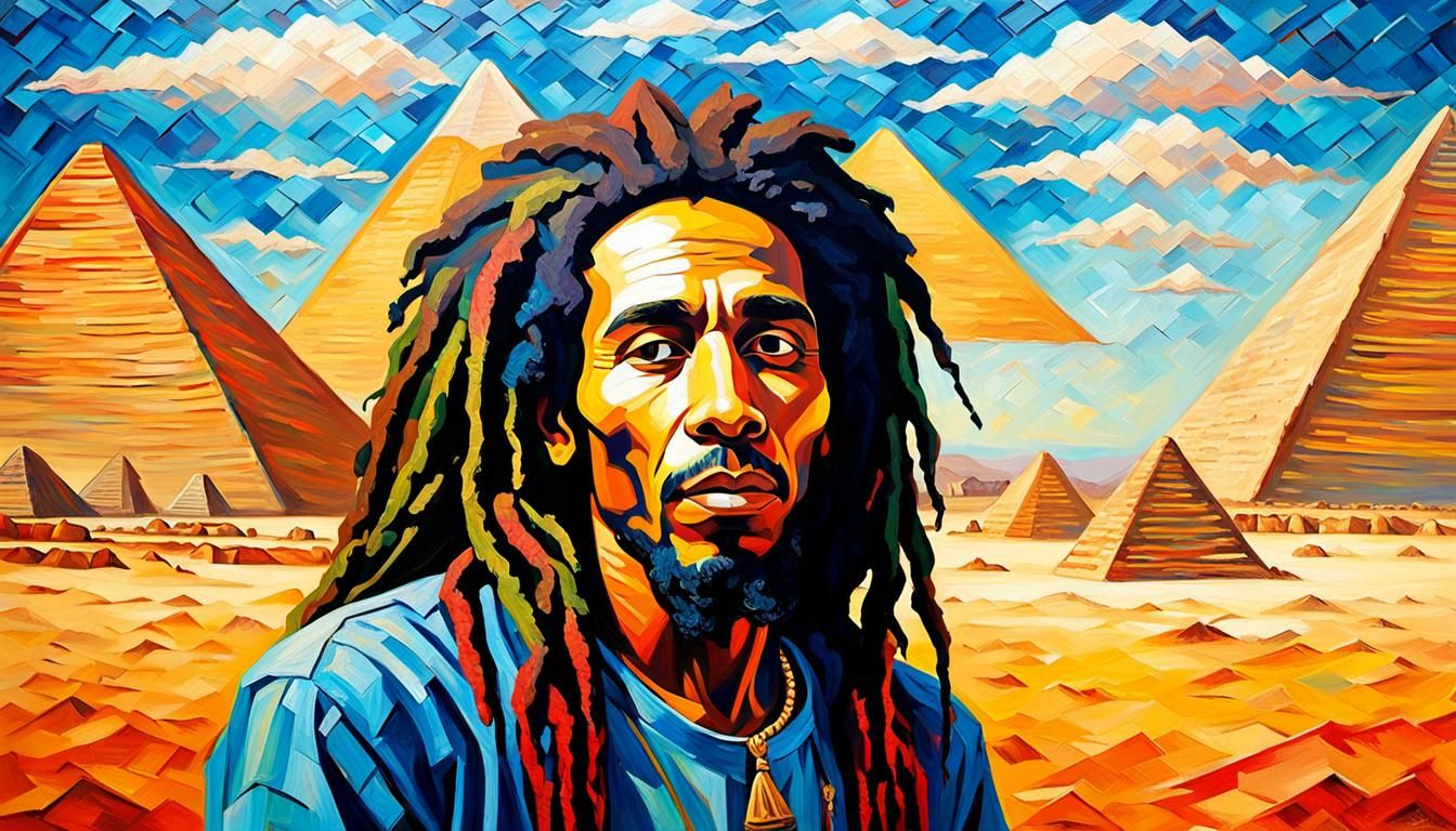 Bob Marley as King Tut: Neo-Impressionist Desert Portrait