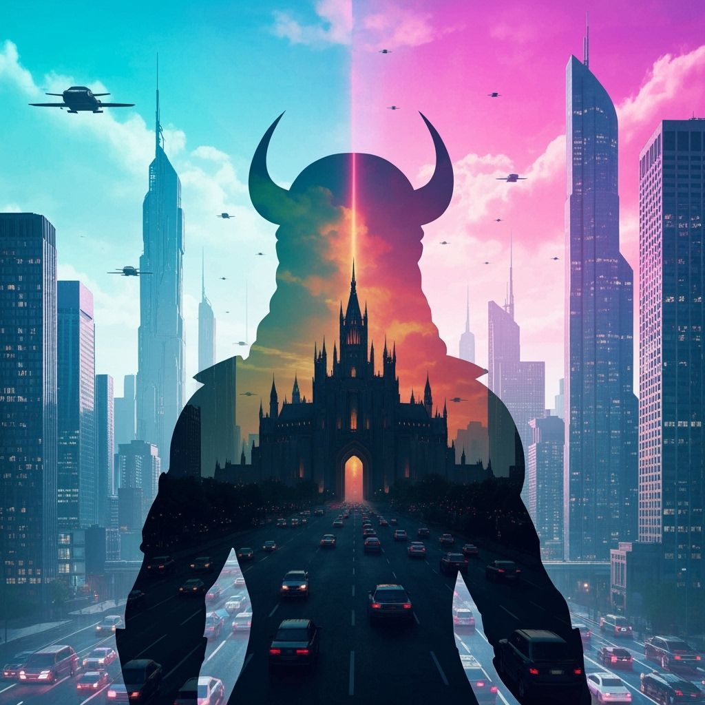 Odin and Asgard Double Exposure in Futuristic Cityscape